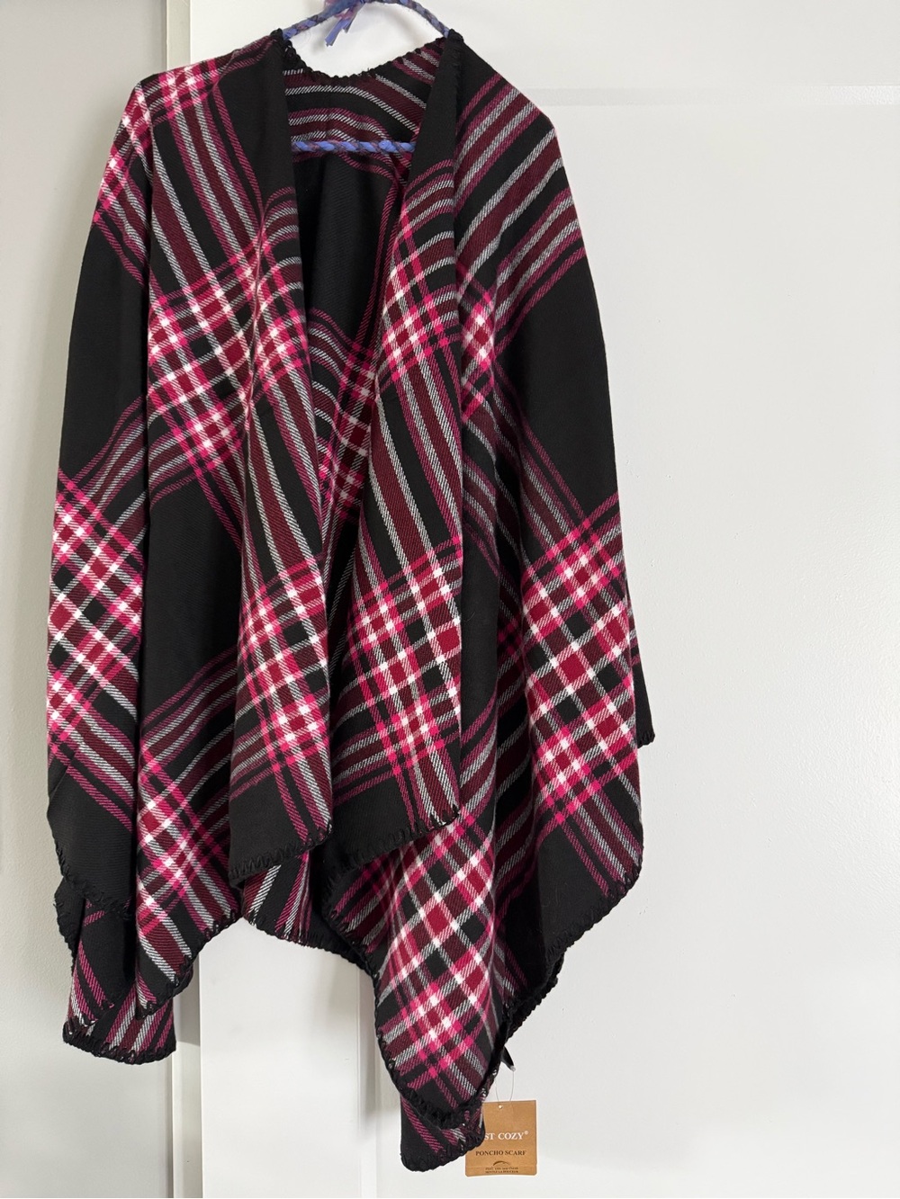 Cozy Plaid Open Front Poncho - Black & Pink